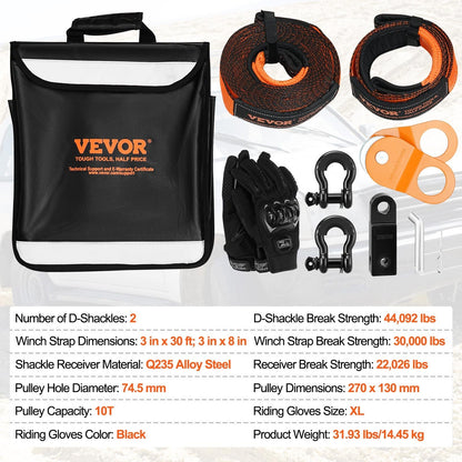 Heavy Duty Off-Road Recovery Kit with 13,608 kg Tow Straps & Accessories