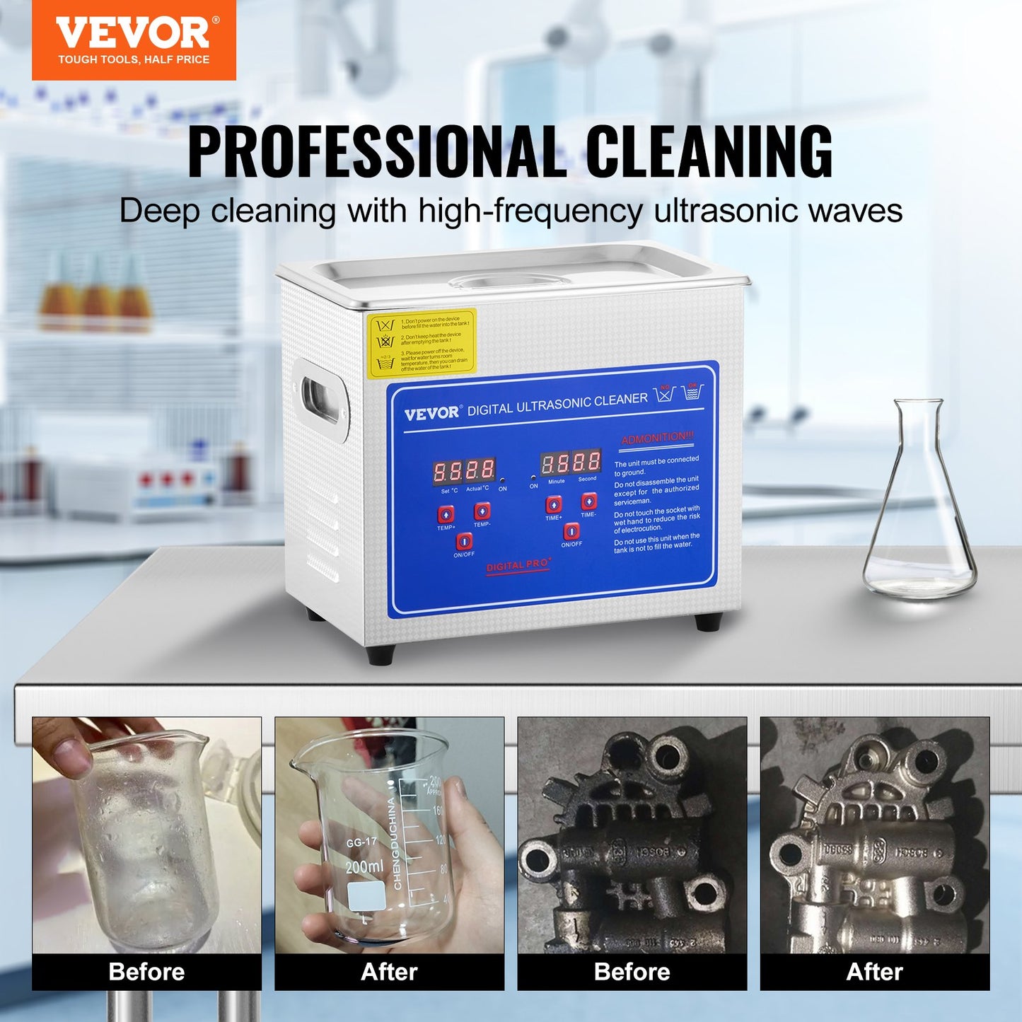 VEVOR Ultrasonic Cleaner Machine 3L Stainless Steel Ultrasonic Cleaning Machine