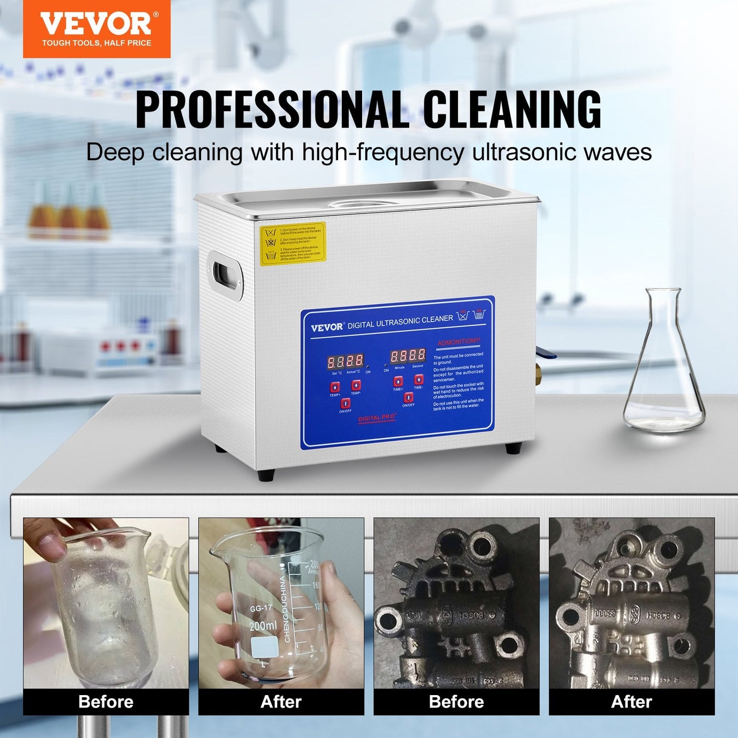 6L Stainless Steel Digital Ultrasonic Cleaner with Drainage and Control Panel