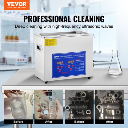 6L Stainless Steel Digital Ultrasonic Cleaner with Drainage and Control Panel