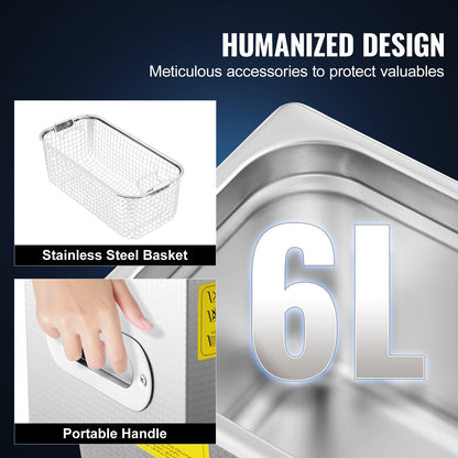 6L Stainless Steel Digital Ultrasonic Cleaner with Drainage and Control Panel