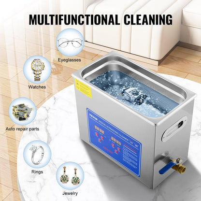 6L Stainless Steel Digital Ultrasonic Cleaner with Drainage and Control Panel