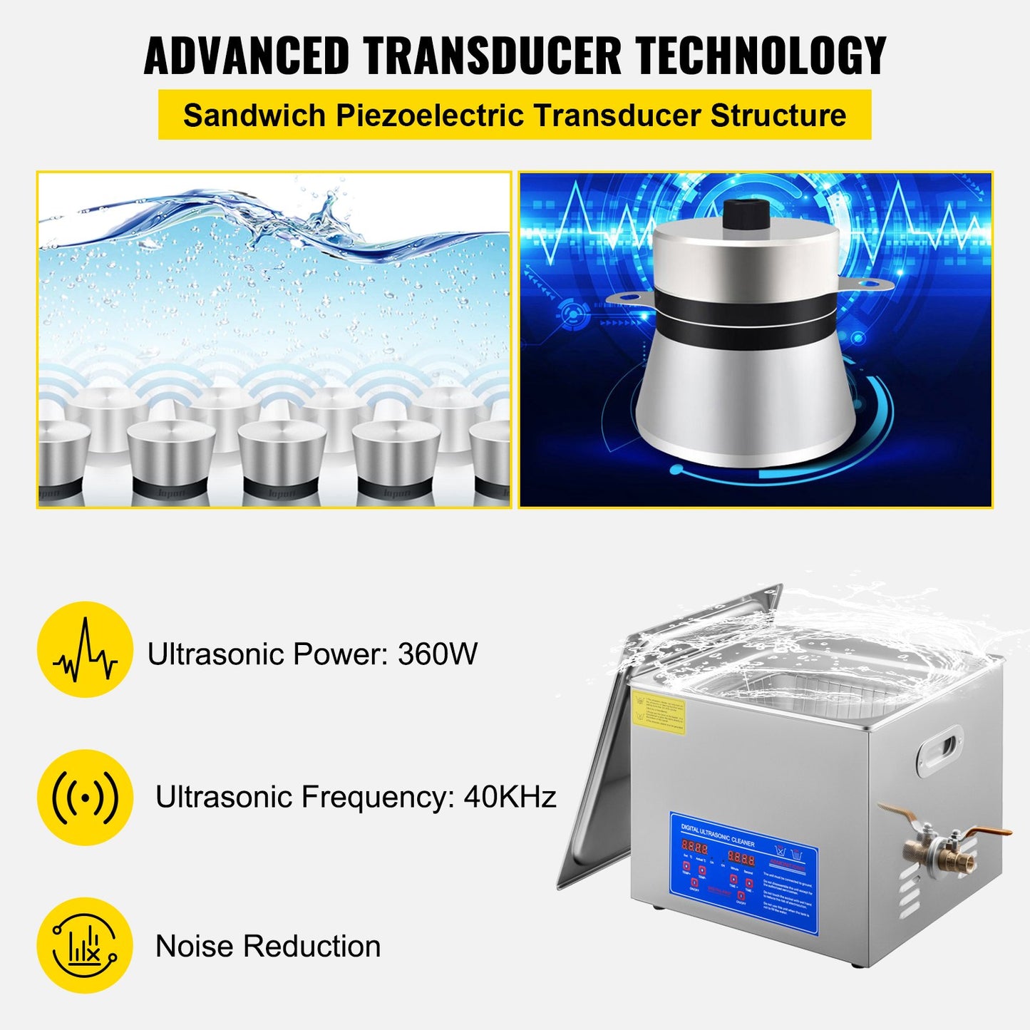 Vevor Powerful Stainless Steel 13.5-15 L Liters Ultrasonic Cleaner 360W Digital