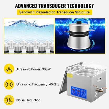 Vevor Powerful Stainless Steel 13.5-15 L Liters Ultrasonic Cleaner 360W Digital