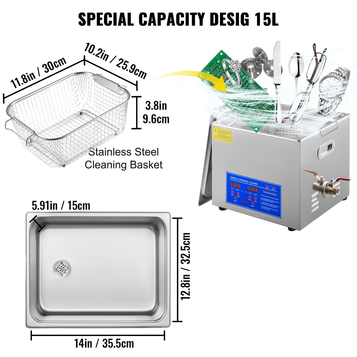 Vevor Powerful Stainless Steel 13.5-15 L Liters Ultrasonic Cleaner 360W Digital