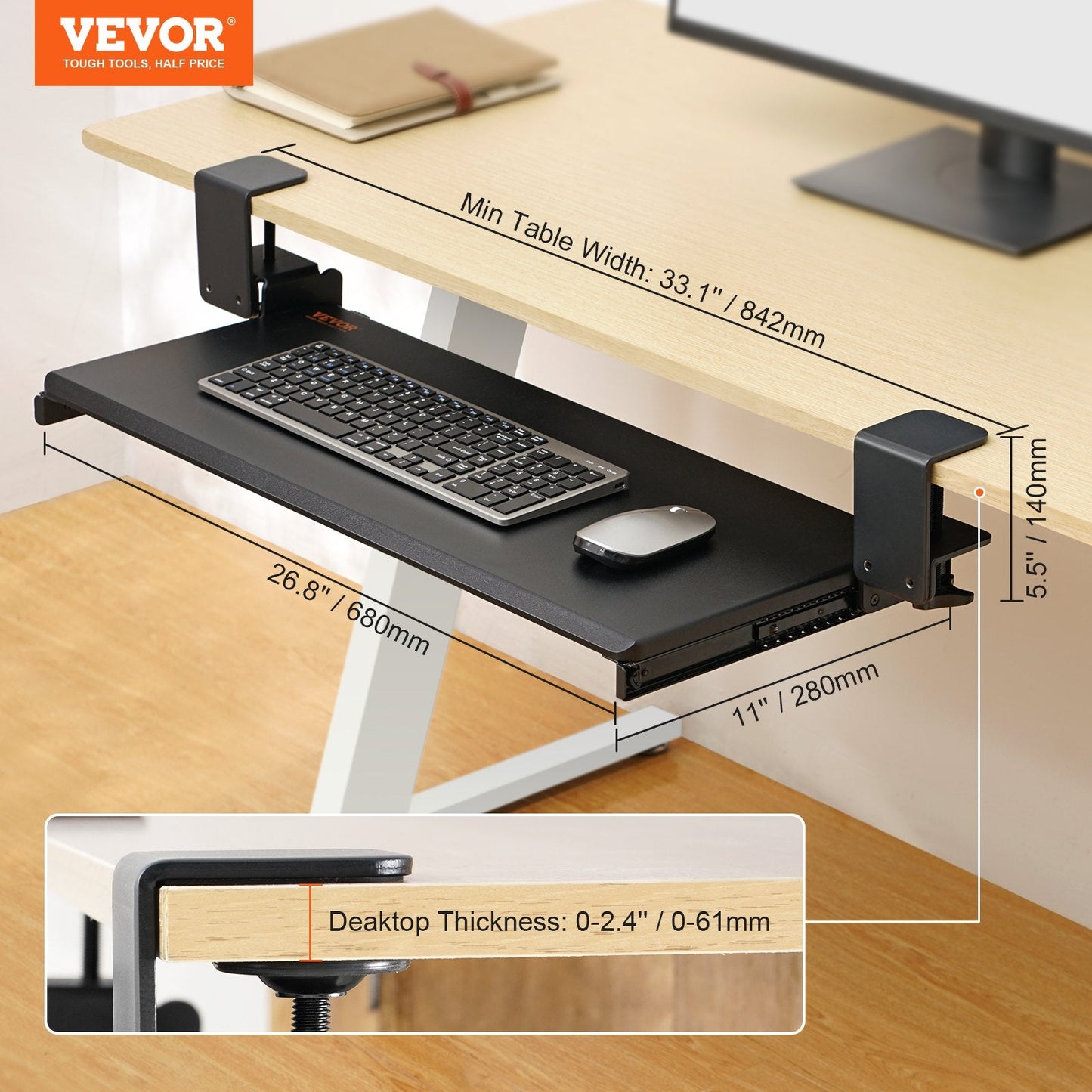 Under Desk Clamp-On Keyboard Tray with Slide-Out Drawer, 68 x 28 cm, 5 kg Capacity