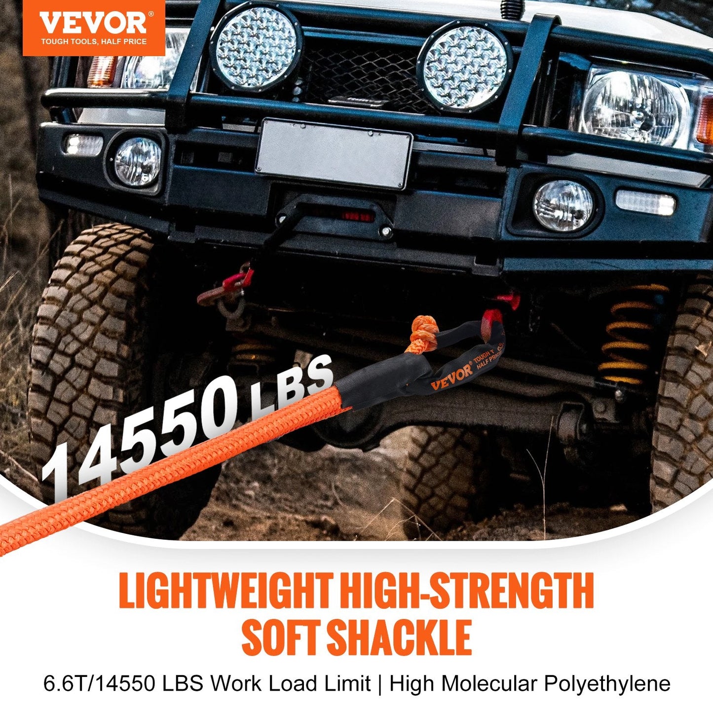 Synthetic Recovery Rope Soft Shackles 2-Pack, 12.7x0.56 m, 20T Strength, Orange