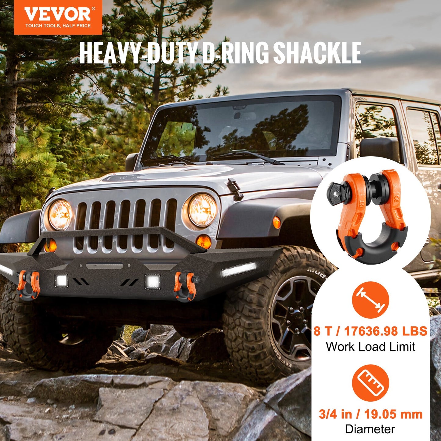 D-Ring Shackle, 2 Pack 19.05 mm Alloy Steel Shackles 30 Ton Break Strength with 22 mm Screw Pin, Isolators & Washers Kit, Heavy Duty Off Road Vehicle Recovery Shackle for Jeep Truck, Orange