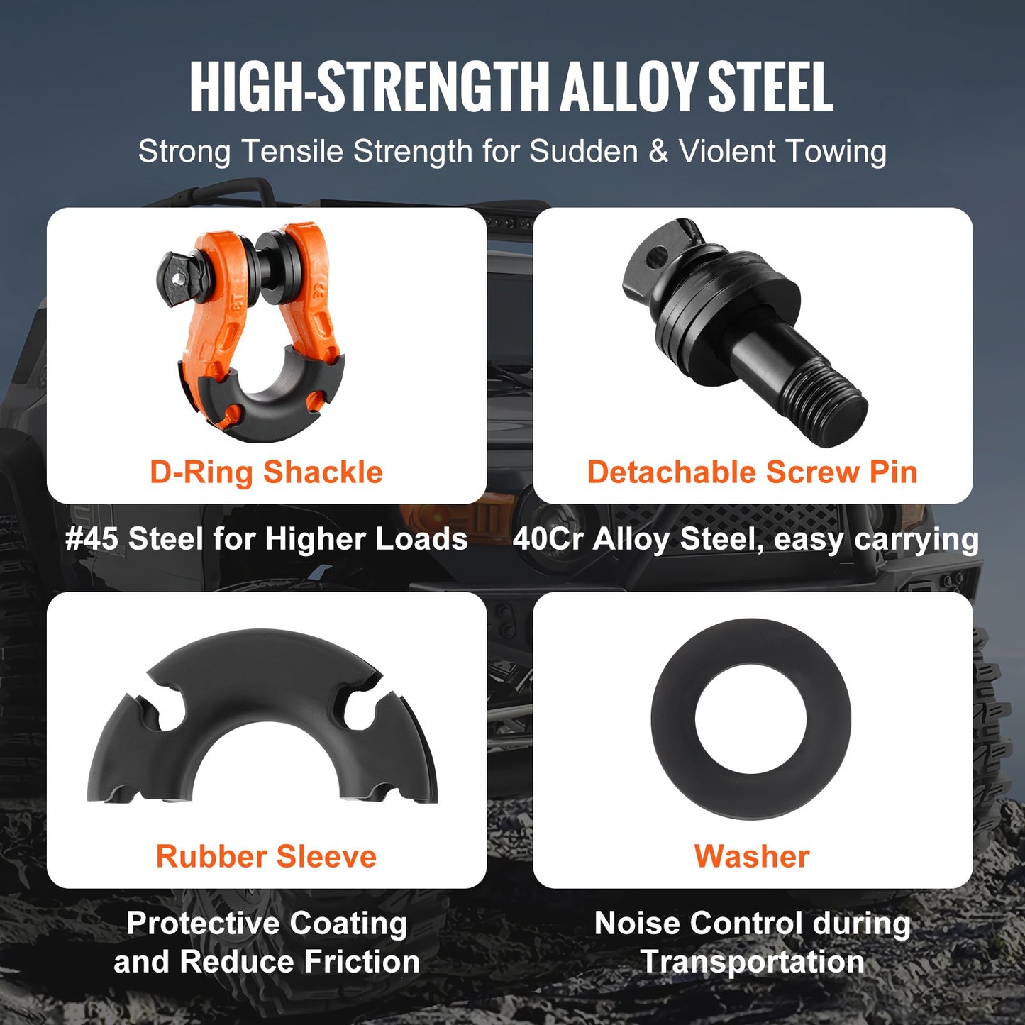 D-Ring Shackle, 2 Pack 19.05 mm Alloy Steel Shackles 30 Ton Break Strength with 22 mm Screw Pin, Isolators & Washers Kit, Heavy Duty Off Road Vehicle Recovery Shackle for Jeep Truck, Orange