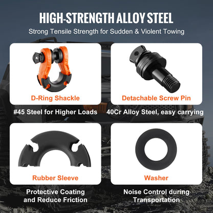 D-Ring Shackle, 2 Pack 19.05 mm Alloy Steel Shackles 30 Ton Break Strength with 22 mm Screw Pin, Isolators & Washers Kit, Heavy Duty Off Road Vehicle Recovery Shackle for Jeep Truck, Orange