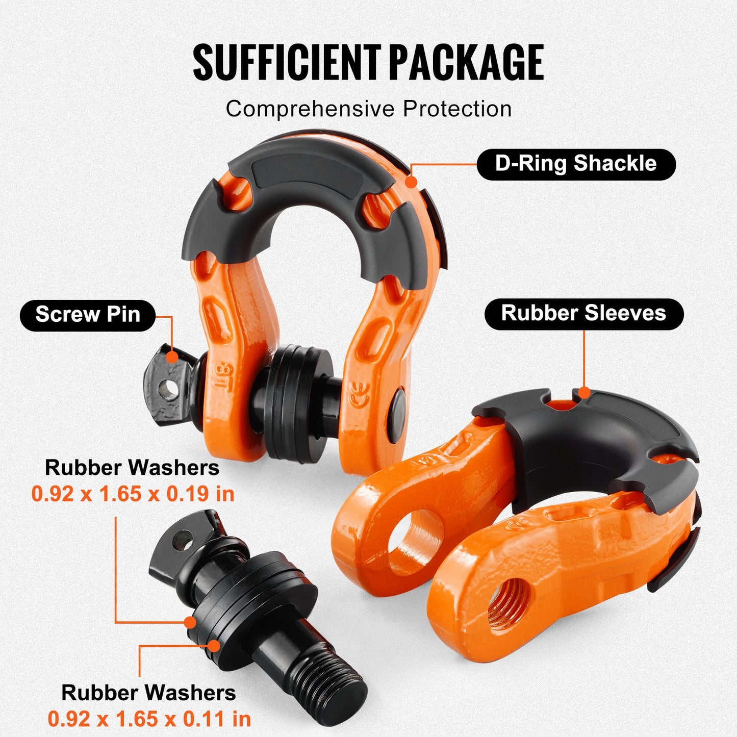 D-Ring Shackle, 2 Pack 19.05 mm Alloy Steel Shackles 30 Ton Break Strength with 22 mm Screw Pin, Isolators & Washers Kit, Heavy Duty Off Road Vehicle Recovery Shackle for Jeep Truck, Orange