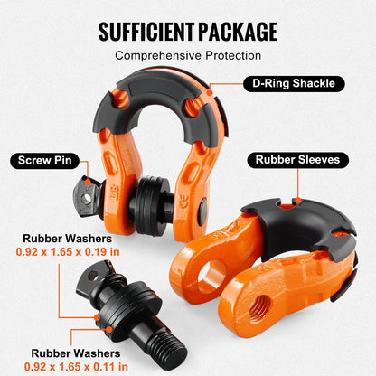 D-Ring Shackle, 2 Pack 19.05 mm Alloy Steel Shackles 30 Ton Break Strength with 22 mm Screw Pin, Isolators & Washers Kit, Heavy Duty Off Road Vehicle Recovery Shackle for Jeep Truck, Orange