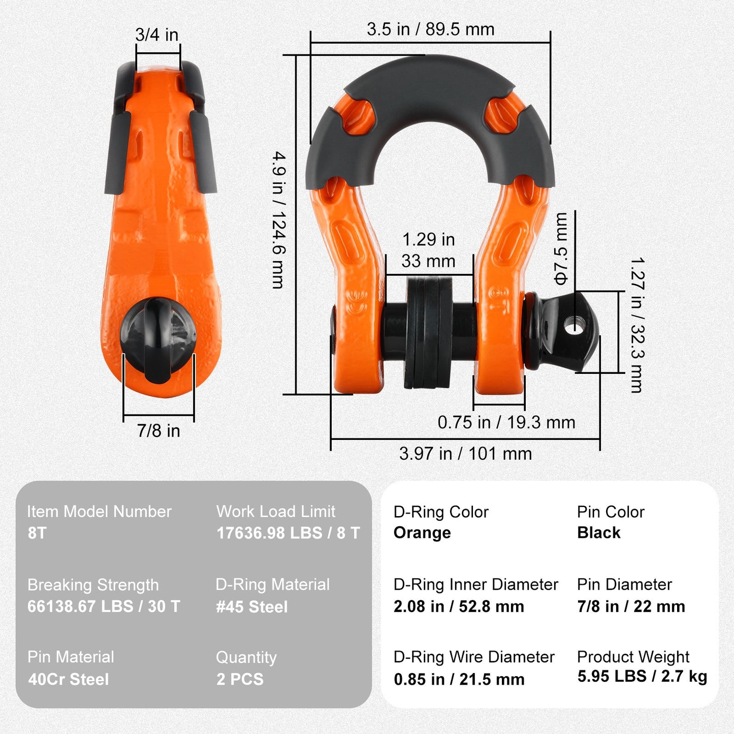 D-Ring Shackle, 2 Pack 19.05 mm Alloy Steel Shackles 30 Ton Break Strength with 22 mm Screw Pin, Isolators & Washers Kit, Heavy Duty Off Road Vehicle Recovery Shackle for Jeep Truck, Orange