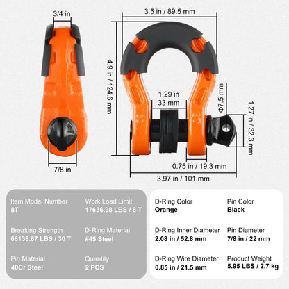 D-Ring Shackle, 2 Pack 19.05 mm Alloy Steel Shackles 30 Ton Break Strength with 22 mm Screw Pin, Isolators & Washers Kit, Heavy Duty Off Road Vehicle Recovery Shackle for Jeep Truck, Orange