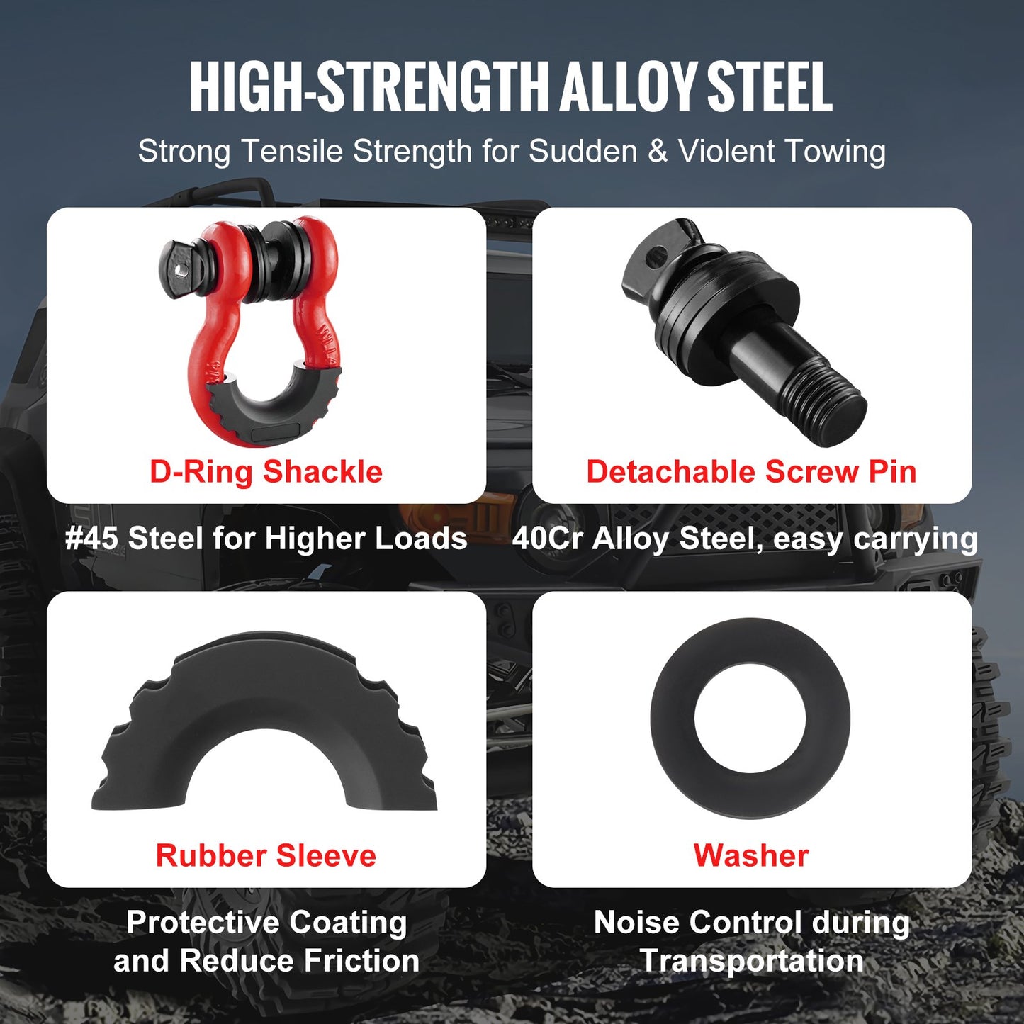 D-Ring Shackle, 2 Pack 19.05 mm Alloy Steel Shackles 28.5 Ton Break Strength with 22 mm Screw Pin, Isolators & Washers Kit, Heavy Duty Off Road Vehicle Recovery Shackle for Jeep & Truck, Red