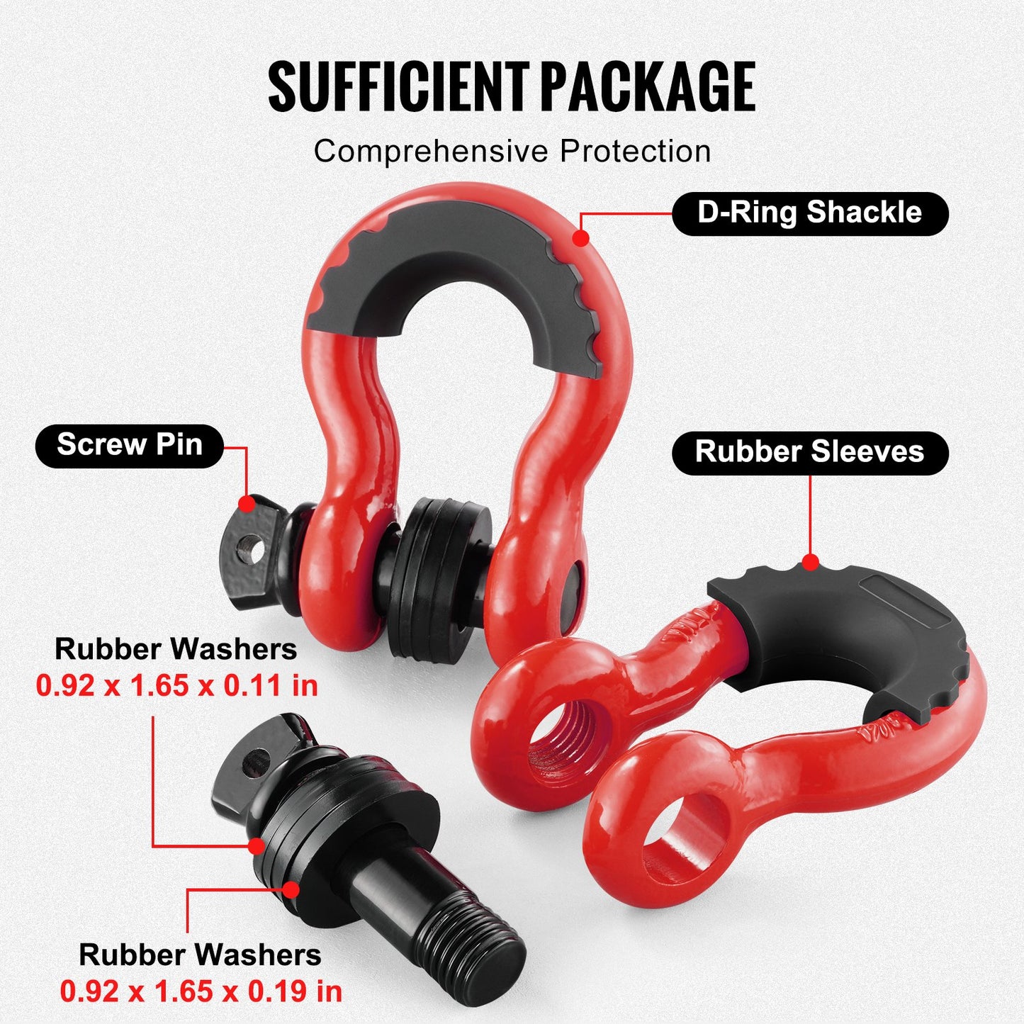 D-Ring Shackle, 2 Pack 19.05 mm Alloy Steel Shackles 28.5 Ton Break Strength with 22 mm Screw Pin, Isolators & Washers Kit, Heavy Duty Off Road Vehicle Recovery Shackle for Jeep & Truck, Red