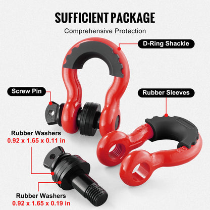 D-Ring Shackle, 2 Pack 19.05 mm Alloy Steel Shackles 28.5 Ton Break Strength with 22 mm Screw Pin, Isolators & Washers Kit, Heavy Duty Off Road Vehicle Recovery Shackle for Jeep & Truck, Red