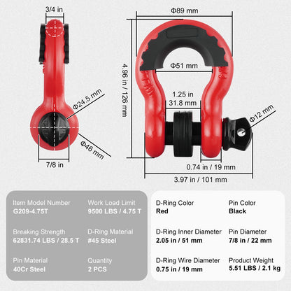 D-Ring Shackle, 2 Pack 19.05 mm Alloy Steel Shackles 28.5 Ton Break Strength with 22 mm Screw Pin, Isolators & Washers Kit, Heavy Duty Off Road Vehicle Recovery Shackle for Jeep & Truck, Red