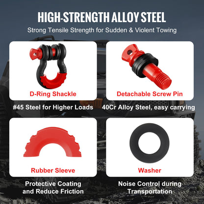 D-Ring Shackle, 2 Pack 19.05 mm Alloy Steel Shackles 28.5 Ton Break Strength with 22 mm Screw Pin, Isolators & Washers Kit, Heavy Duty Off Road Vehicle Recovery Shackle for Jeep Truck, Black