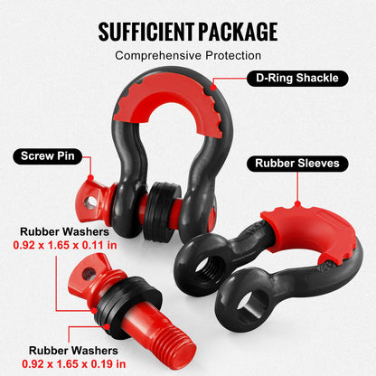 D-Ring Shackle, 2 Pack 19.05 mm Alloy Steel Shackles 28.5 Ton Break Strength with 22 mm Screw Pin, Isolators & Washers Kit, Heavy Duty Off Road Vehicle Recovery Shackle for Jeep Truck, Black