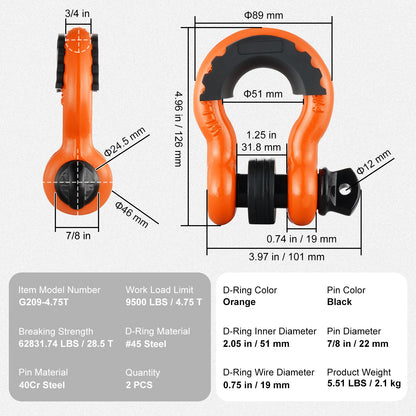 VEVOR 2 Pack 19.05 mm D Ring Shackle with 22 mm Screw Pin 28.5T Break Strength