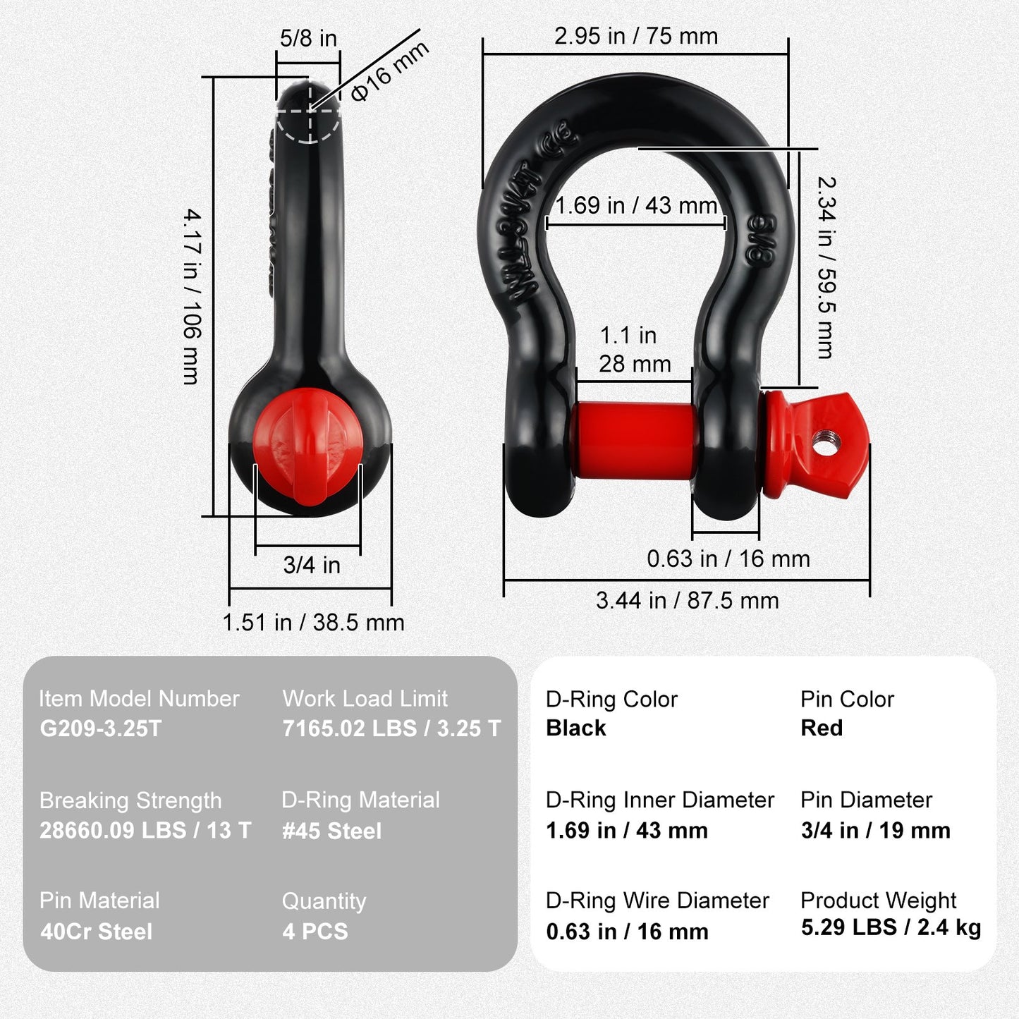 VEVOR 4 Pack 15.7 mm D Ring Shackle with 19 mm Screw Pin 13T Break Strength