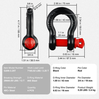 4 Pack Heavy Duty 15.7 mm D-Ring Shackles with 19 mm Screw Pin, 13T Strength