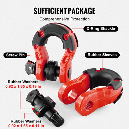 D-Ring Shackle, 2 Pack 19.05 mm Alloy Steel Shackles 30 Ton Break Strength with 22 mm Screw Pin, Isolators & Washers Kit, Heavy Duty Off Road Vehicle Recovery Shackle for Jeep and Truck, Red