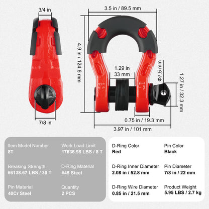 D-Ring Shackle, 2 Pack 19.05 mm Alloy Steel Shackles 30 Ton Break Strength with 22 mm Screw Pin, Isolators & Washers Kit, Heavy Duty Off Road Vehicle Recovery Shackle for Jeep and Truck, Red