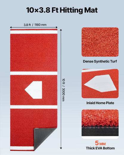 Baseball Hitting Mat, 300x116cm Batting Cage Mat, Batters Box Turf Mats, Softball Batting Practice Equipment with Home Plate and Anti Fade Turf, Portable Training Aid for Indoor Outdoor, Red