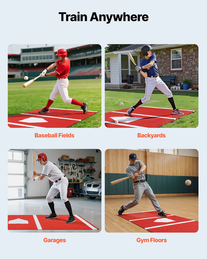 Baseball Hitting Mat, 300x116cm Batting Cage Mat, Batters Box Turf Mats, Softball Batting Practice Equipment with Home Plate and Anti Fade Turf, Portable Training Aid for Indoor Outdoor, Red