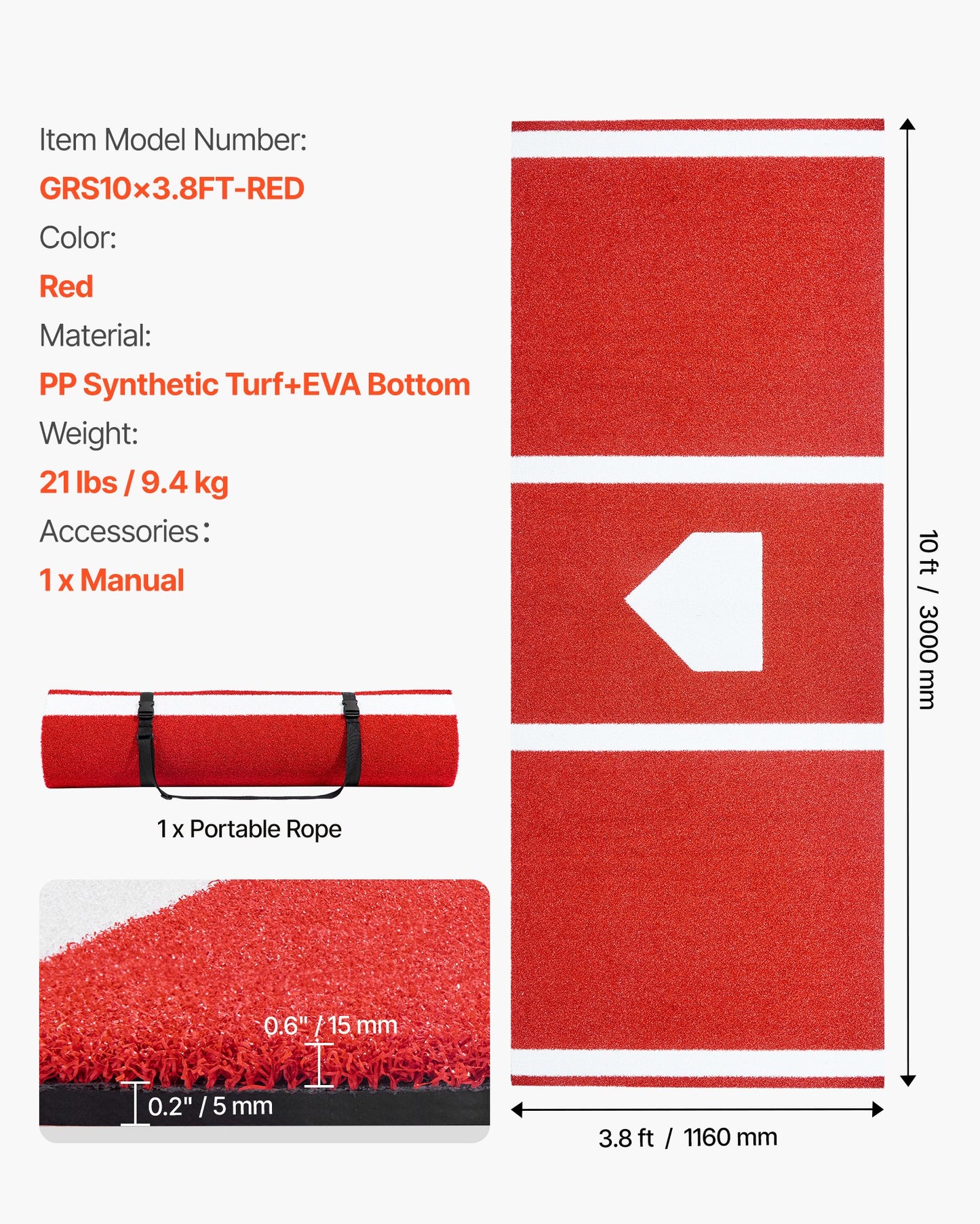 Baseball Hitting Mat, 300x116cm Batting Cage Mat, Batters Box Turf Mats, Softball Batting Practice Equipment with Home Plate and Anti Fade Turf, Portable Training Aid for Indoor Outdoor, Red