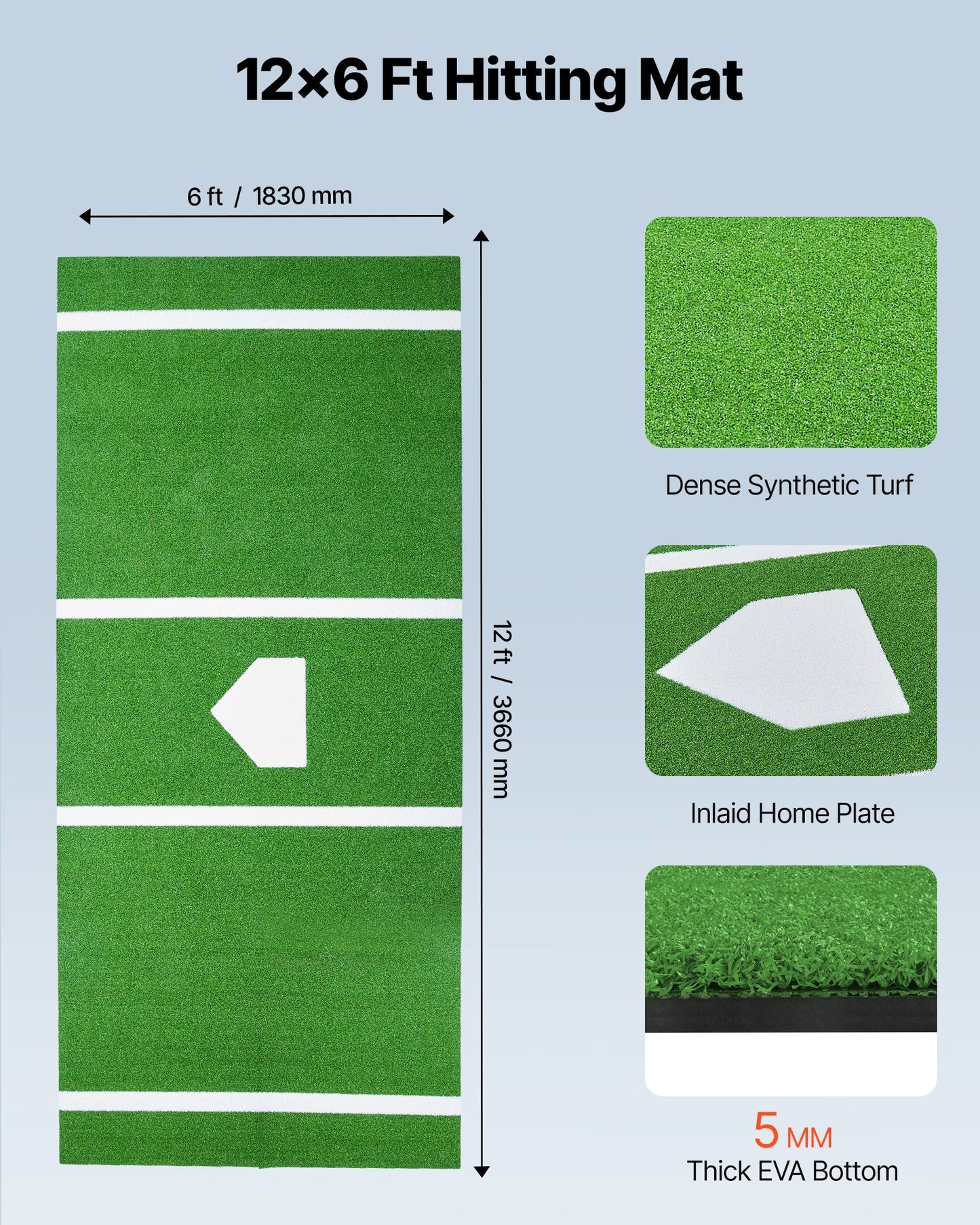 Baseball Hitting Mat, 366x183cm Batting Cage Mat, Batters Box Turf Mats, Softball Batting Practice Equipment with Home Plate and Anti Fade Turf, Portable Training Aid for Indoor Outdoor, Green