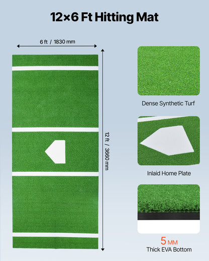Baseball Hitting Mat, 366x183cm Batting Cage Mat, Batters Box Turf Mats, Softball Batting Practice Equipment with Home Plate and Anti Fade Turf, Portable Training Aid for Indoor Outdoor, Green
