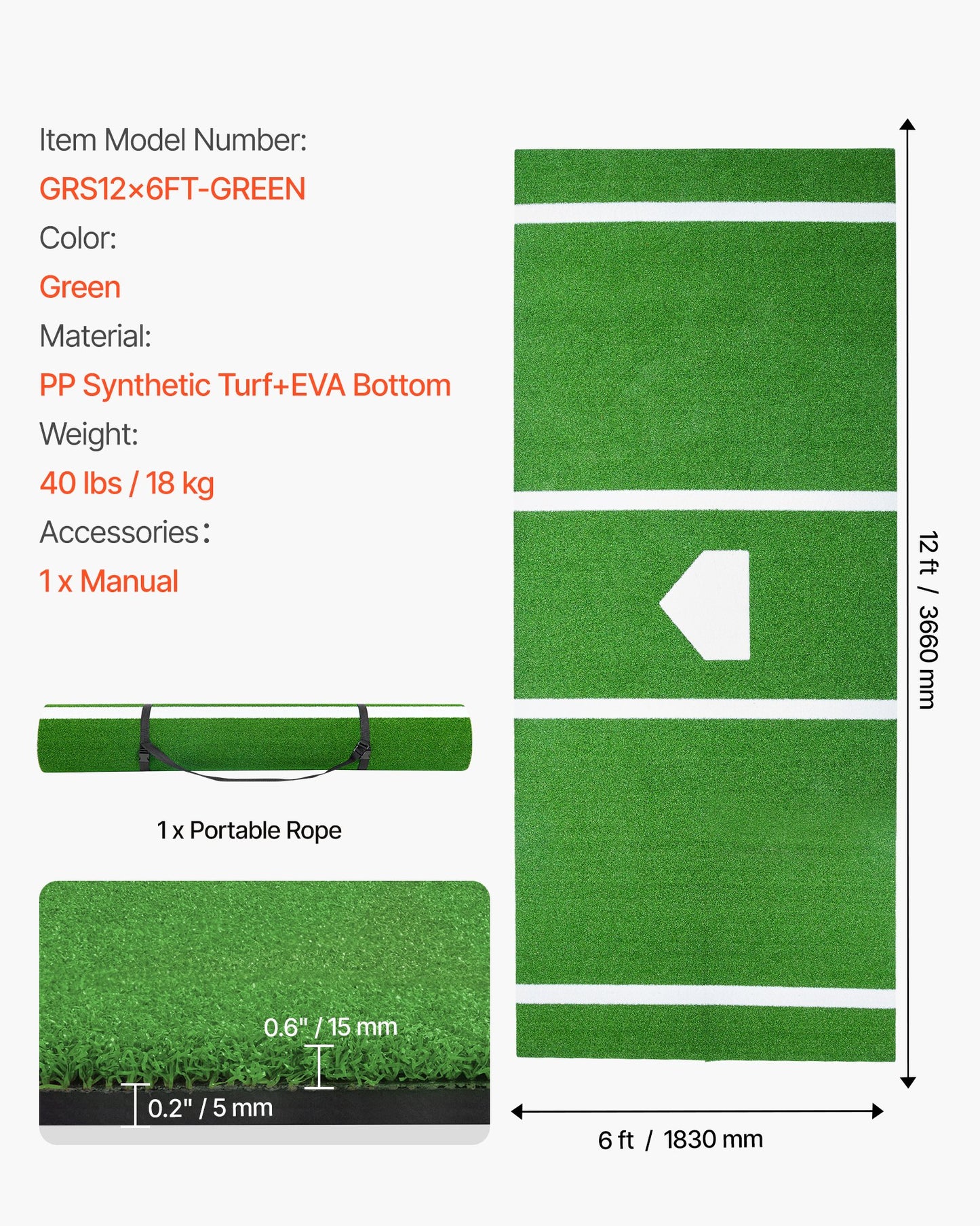 Baseball Hitting Mat, 366x183cm Batting Cage Mat, Batters Box Turf Mats, Softball Batting Practice Equipment with Home Plate and Anti Fade Turf, Portable Training Aid for Indoor Outdoor, Green