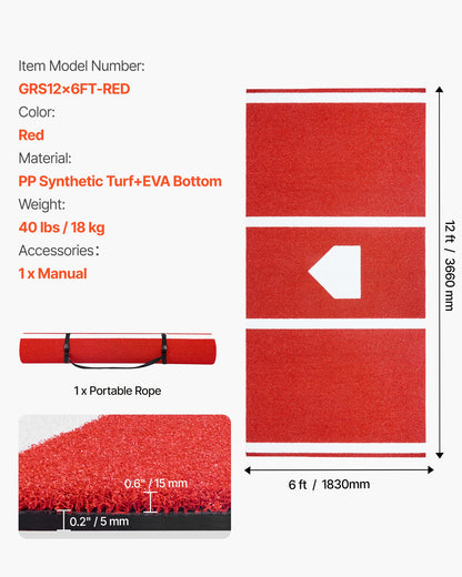 Baseball Hitting Mat, 366x183cm Batting Cage Mat, Batters Box Turf Mats, Softball Batting Practice Equipment with Home Plate and Anti Fade Turf, Portable Training Aid for Indoor Outdoor, Red