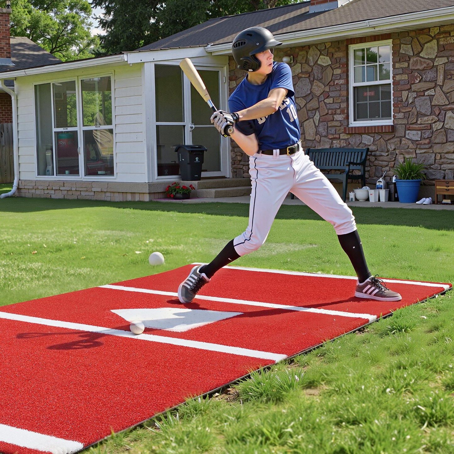Baseball Hitting Mat, 366x183cm Batting Cage Mat, Batters Box Turf Mats, Softball Batting Practice Equipment with Home Plate and Anti Fade Turf, Portable Training Aid for Indoor Outdoor, Red