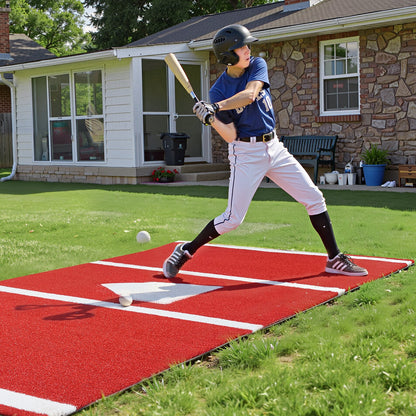 Baseball Hitting Mat, 366x183cm Batting Cage Mat, Batters Box Turf Mats, Softball Batting Practice Equipment with Home Plate and Anti Fade Turf, Portable Training Aid for Indoor Outdoor, Red