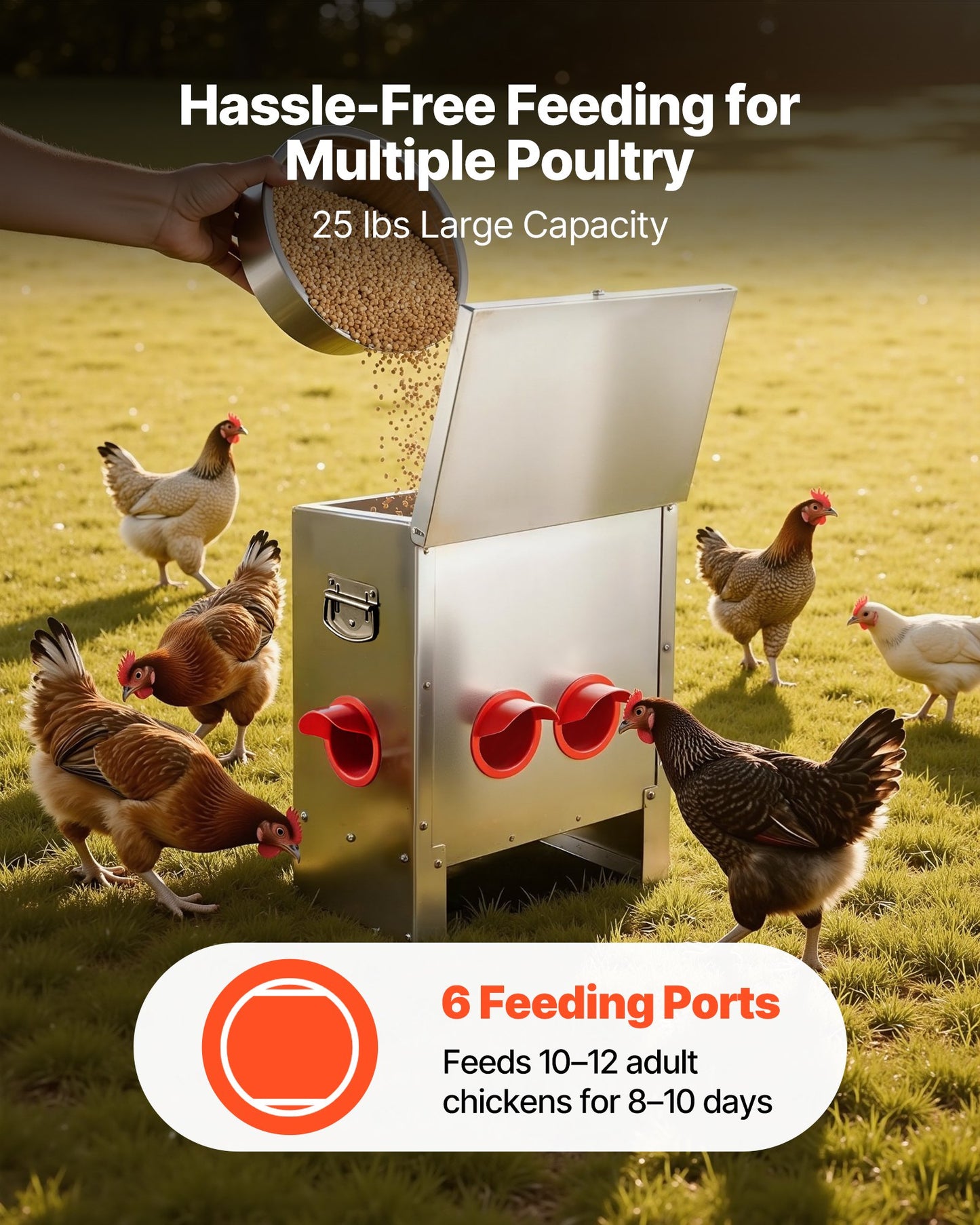 Automatic Chicken Feeder, 11.34 kg Capacity, 6 Feeding Ports No-Waste Poultry Feeder, Automatic Gravity, with Handle Latch Lid, Metal Construction, for Chickens Bantams Pheasants Poultry Coop