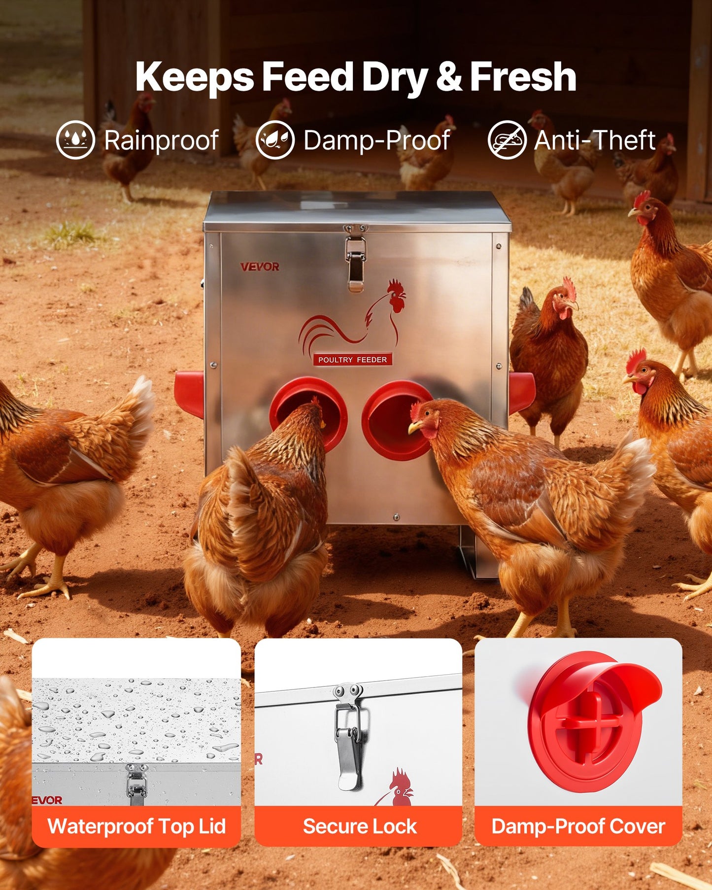 Automatic Chicken Feeder, 11.34 kg Capacity, 6 Feeding Ports No-Waste Poultry Feeder, Automatic Gravity, with Handle Latch Lid, Metal Construction, for Chickens Bantams Pheasants Poultry Coop