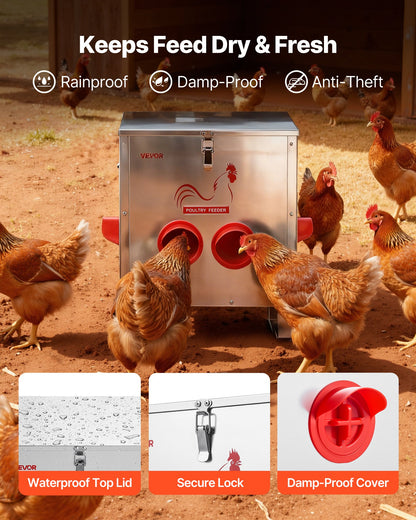 Automatic Chicken Feeder, 11.34 kg Capacity, 6 Feeding Ports No-Waste Poultry Feeder, Automatic Gravity, with Handle Latch Lid, Metal Construction, for Chickens Bantams Pheasants Poultry Coop