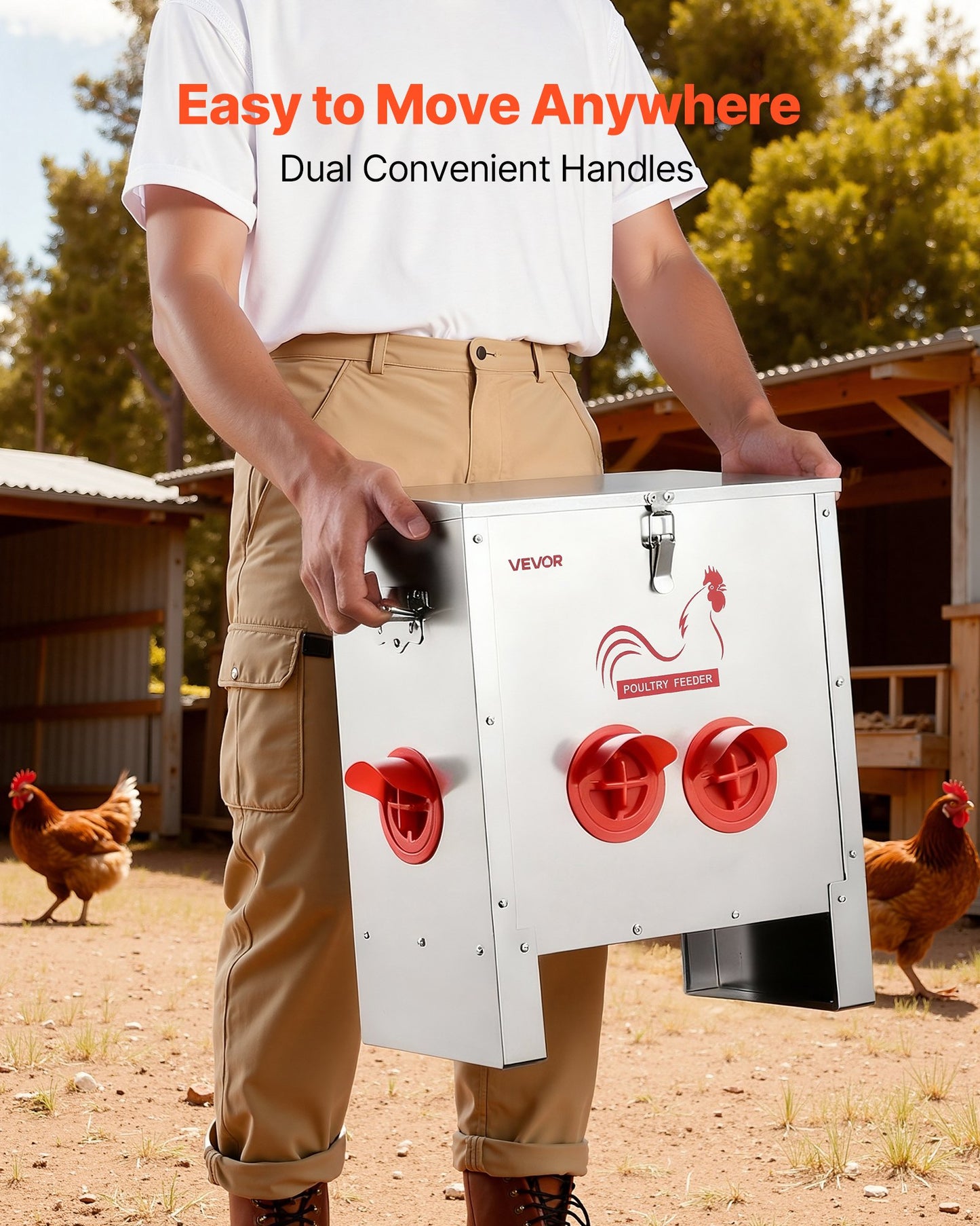 Automatic Chicken Feeder, 11.34 kg Capacity, 6 Feeding Ports No-Waste Poultry Feeder, Automatic Gravity, with Handle Latch Lid, Metal Construction, for Chickens Bantams Pheasants Poultry Coop