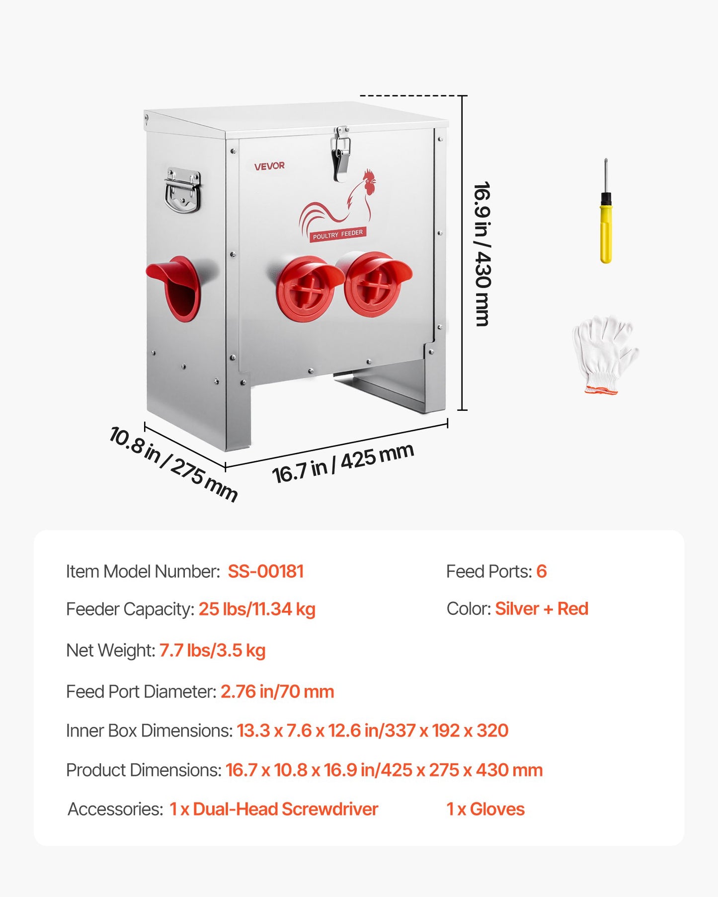 Automatic Chicken Feeder, 11.34 kg Capacity, 6 Feeding Ports No-Waste Poultry Feeder, Automatic Gravity, with Handle Latch Lid, Metal Construction, for Chickens Bantams Pheasants Poultry Coop