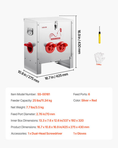 Automatic Chicken Feeder, 11.34 kg Capacity, 6 Feeding Ports No-Waste Poultry Feeder, Automatic Gravity, with Handle Latch Lid, Metal Construction, for Chickens Bantams Pheasants Poultry Coop