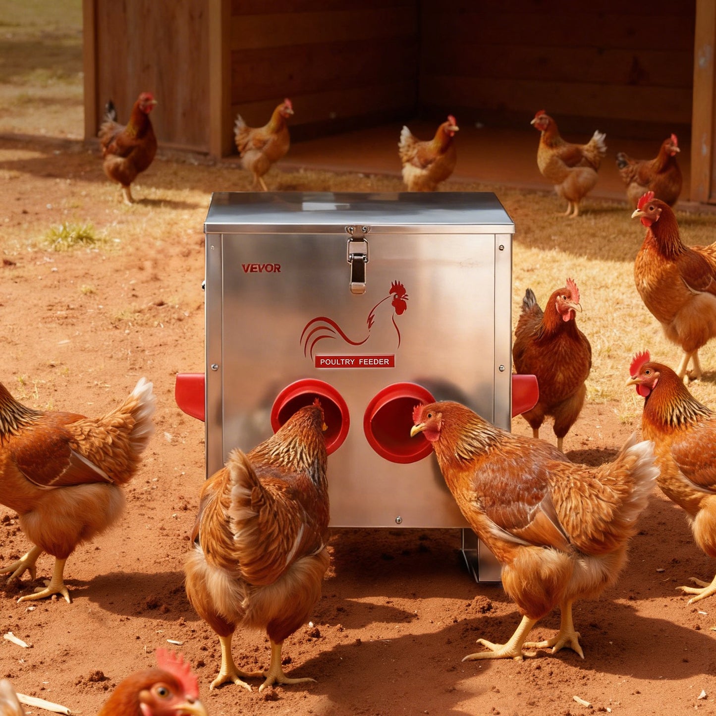 Automatic Chicken Feeder, 11.34 kg Capacity, 6 Feeding Ports No-Waste Poultry Feeder, Automatic Gravity, with Handle Latch Lid, Metal Construction, for Chickens Bantams Pheasants Poultry Coop