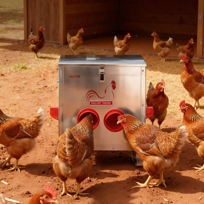 Automatic Chicken Feeder, 11.34 kg Capacity, 6 Feeding Ports No-Waste Poultry Feeder, Automatic Gravity, with Handle Latch Lid, Metal Construction, for Chickens Bantams Pheasants Poultry Coop