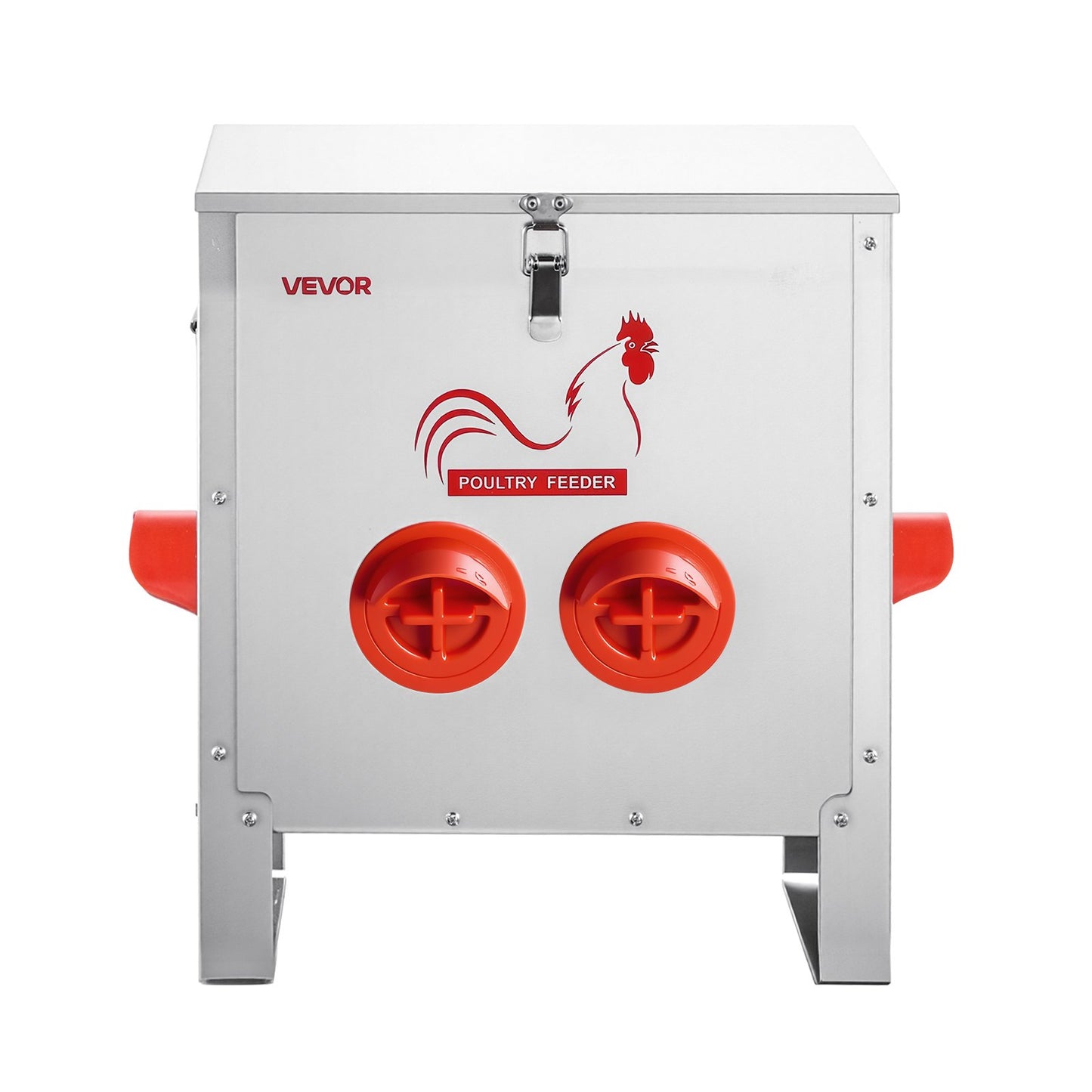 Automatic Chicken Feeder, 11.34 kg Capacity, 6 Feeding Ports No-Waste Poultry Feeder, Automatic Gravity, with Handle Latch Lid, Metal Construction, for Chickens Bantams Pheasants Poultry Coop
