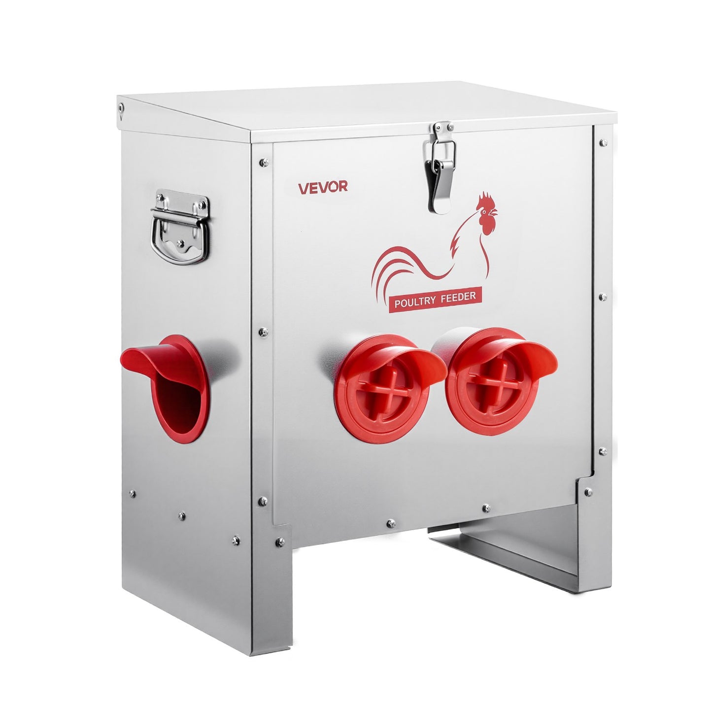Automatic Chicken Feeder, 11.34 kg Capacity, 6 Feeding Ports No-Waste Poultry Feeder, Automatic Gravity, with Handle Latch Lid, Metal Construction, for Chickens Bantams Pheasants Poultry Coop
