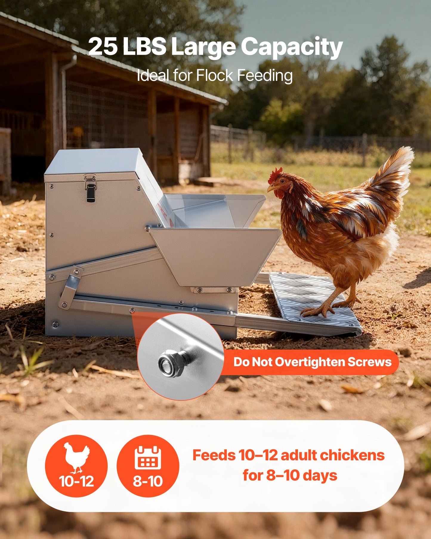 Automatic Chicken Feeder, 11.34 kg Capacity, Rainproof Treadle Poultry Feeder with Lockable Lid, No Waste, Galvanized Steel Construction, Outdoor Use, for Chicken, Bantams, Poultry, Pheasants