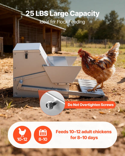 Automatic Chicken Feeder, 11.34 kg Capacity, Rainproof Treadle Poultry Feeder with Lockable Lid, No Waste, Galvanized Steel Construction, Outdoor Use, for Chicken, Bantams, Poultry, Pheasants